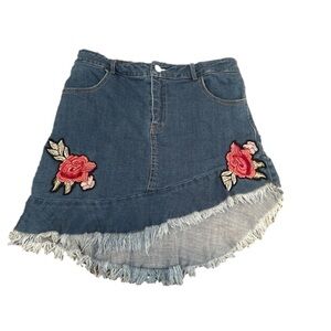 Vintage Y2K Mebon Asymmetrical Denim Skirt with Floral Patches Large